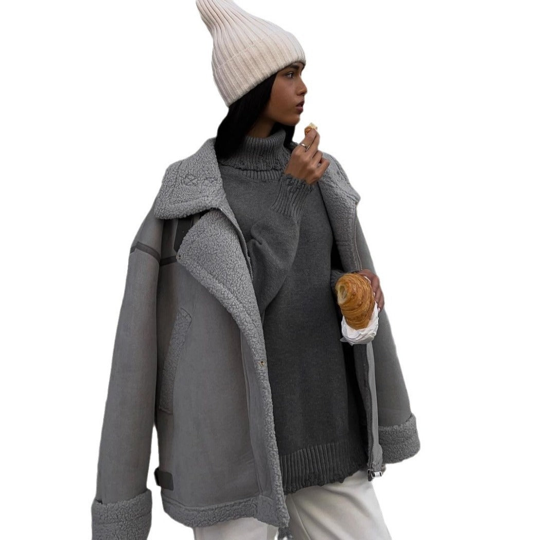 Wholesale One-piece Lambswool Jacket Design Sense Spliced Street Biker Style Cotton Suit